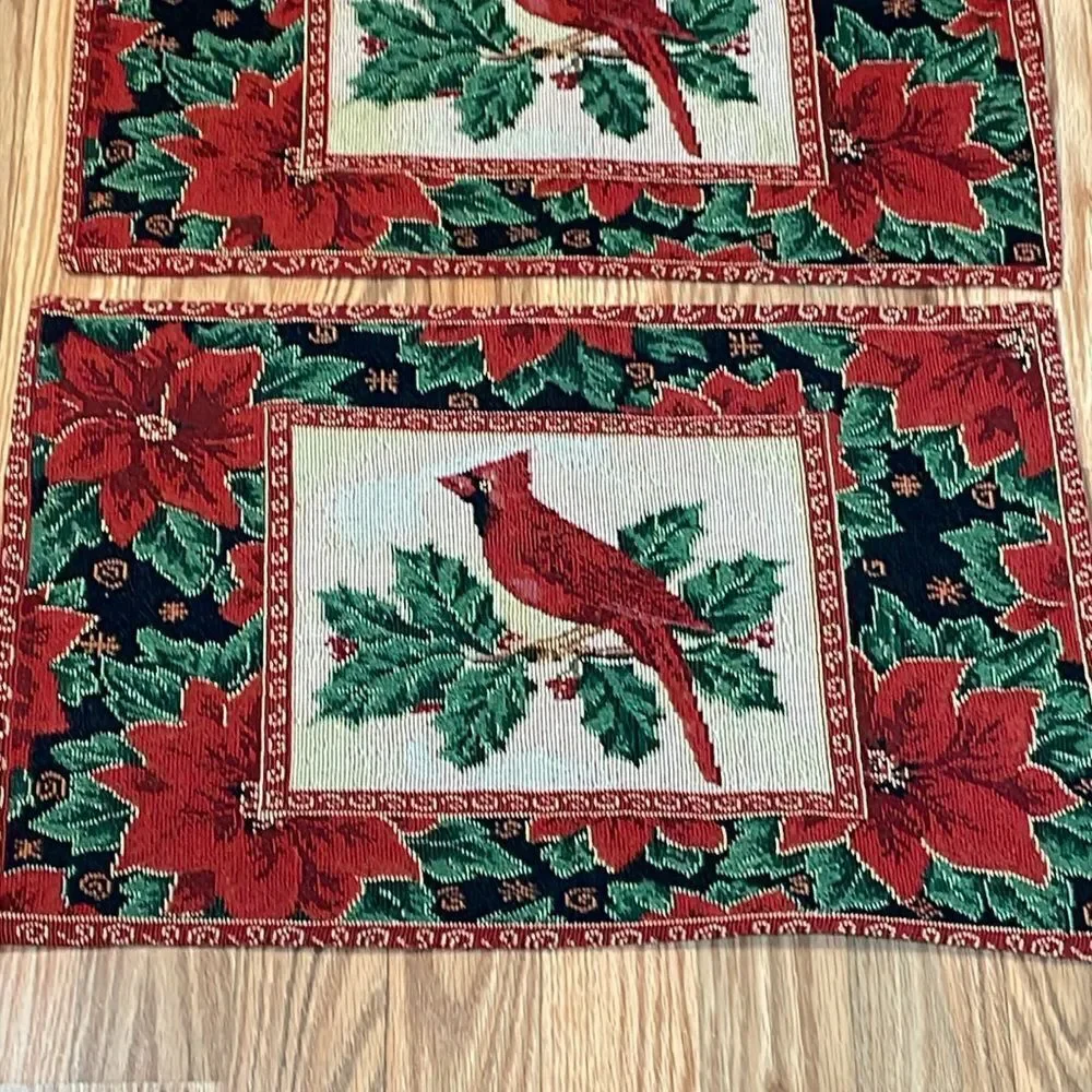 Cardinal Placemats, Vintage Christmas, set of 3, woven, Red Holiday, table mats
